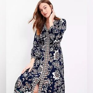 Unused LOFT Navy and Cream Floral Long Sleeve Dress
